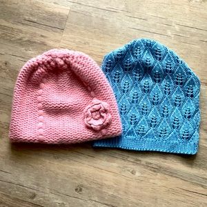 Two Knit Beanie Caps Blue & Pink